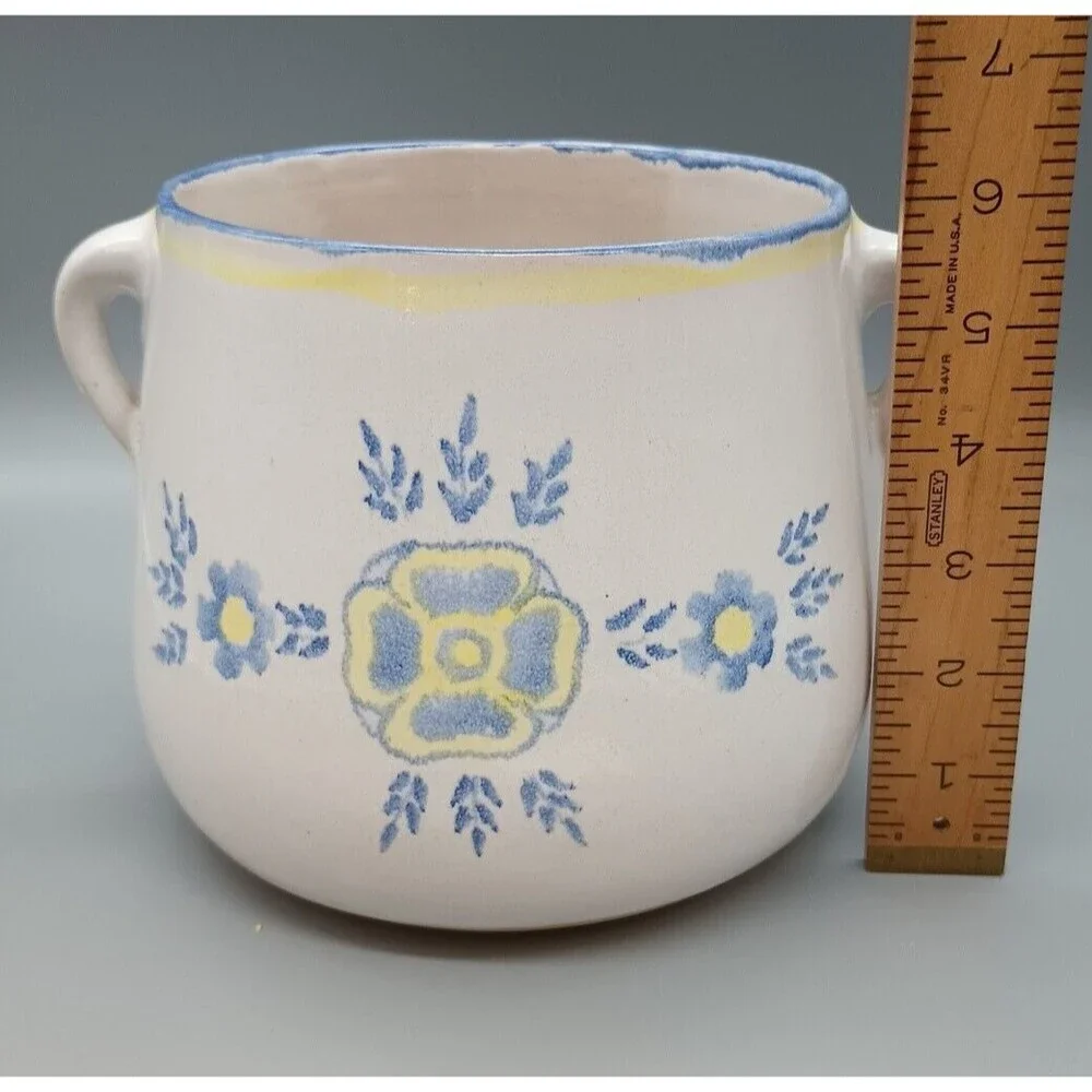 Vintage AMNION Clay Pottery Handpainted ALGARVE Blue Yellow CROCK w Two Handles